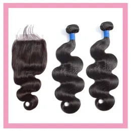 Malaysiska 100% Virgin Human Hair 2 Bundlar med 6 * 6 Lace Closure Body Wave 3pcs 16-28Inch