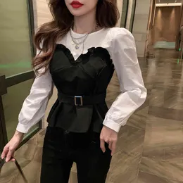 Camicie patchwork bianco nero manica lunga donna primavera Feminina Lady casual camicetta falsa in due pezzi con cintura 210514