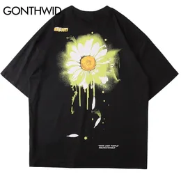 Gonthwid Graffiti Mürekkep Papatya Baskı Kısa Kollu Streetwear T-Shirt Harajuku Hip Hop Rahat Kısa Kollu Tişörtleri Erkekler Yaz Tops 210409