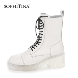 Sophitina婦人靴ファッション高品質手作りの女性のオートバイのブーツ白いハイヒールのジッパーレースアップ女性ブーツSO609 210513