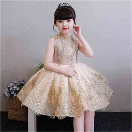 Elegancki Golden Tulle Flower Girl Party Kids Pagewant Suknia Princess Suknia Ślubna Bez rękawów Pierwsza Komunia Suknie 1-14t 210317