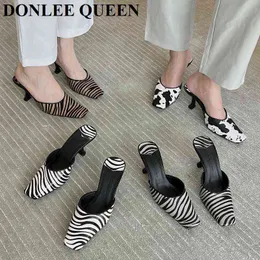 Тапочки Zebra Impreseto Chinelos de Salto Alto DAS Mulheres Mule Deslizamento EM Slide Feminino Elegante Flip Plops Nova Primavera Sapatos Moda Vaca 220307