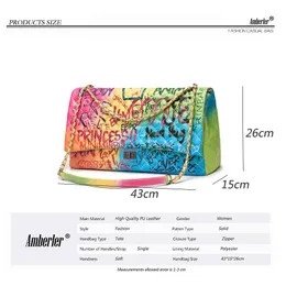 Amberler Luxury Designer PU Läder Kvinnor Axelväska Stor kapacitet Ladies Chain Printed Crossbody Väskor Mode Kvinna Handväska 27k