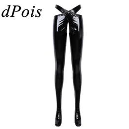 Womens Wetlook Patent Leather Crotchless Sexy Lingerie Open Crotch Trousers Erotic Pants With Waistband Night Roleplay Nightwear Women's Pan
