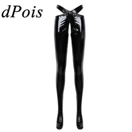 Damen Wetlook Lackleder Ouvert Sexy Dessous Hose mit offenem Schritt Erotische Hose mit Bund Nacht Rollenspiel Nachtwäsche Damen Pan