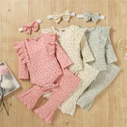 Zestawy Odzież Niemowlęta Baby Boys Girls Flower Print Z Długim Rękawem Ruffles Romper Body Spodnie + Stroje Kapeluszowe 3 sztuk Ubrania dla dzieci 3szt