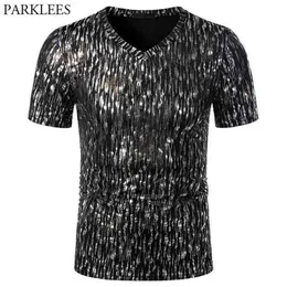 Męska Linia Glitter Bronzing T Koszulki Lato Krótki Rękaw V Neck T Shirt Mężczyźni Hip Hop Party Prom Stage Odzież Dla Mężczyzn 2XL 210409