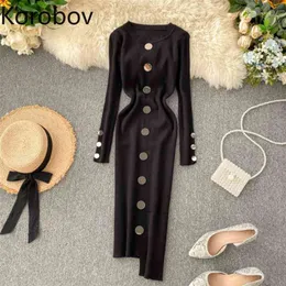 Korobov New Single Breasted Knit Dress Korean Stretch O-Neck Long Sleeve Dresses Autumn Winter Basic Bandage Vestidos 79161 210430