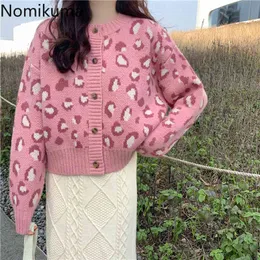 Nomikuma Koreansk Leopard Kort Sweater Coat Causal Långärmad O-Neck Knit Jacka Höst Vinter Ny Knitwear Cardigan 6D052 210427
