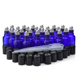 15ml garrafas de rolo para óleos essenciais Vidro azul vazio com rolo de metal aço inoxidável na bola perfume aromaterapia 24 pacote