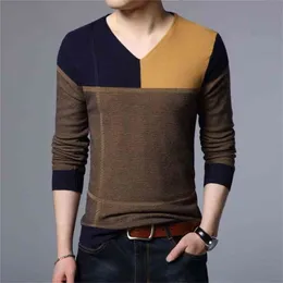 Män Pullover Fashion V Neck Fjäder Höst Slim Fit Sticka Patchwork Striped Male Sweater Casual Jumpers Outwear Full 210918