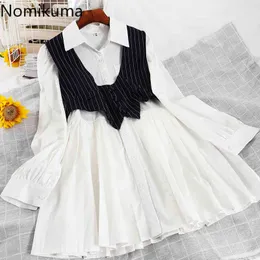 Nomikuma Women Two Pieces Suits Stripe Short Vest + Long Sleeve Turn-down Collar Pleated A-line Blouse Dress Korean Outfit 6D987 210427