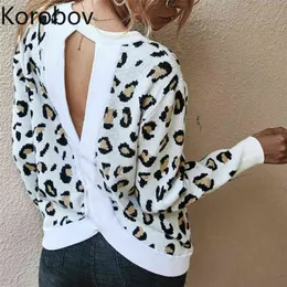 Korobov New Arrival Long Sleeve Women Pullovers Sweaters Streetwear Sexy Backless O Neck Jumper Femme Leopard Sueter Mujer 210430