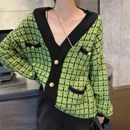 Höst Vinter Mode Designer Sweater Cardigan Kvinna V-Neck Luxury Single-breasted Plaid Knitting Jacket Kvinnors Kläder 210520