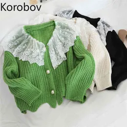 Korobov Sweater Coat Female Lace Stitching Lotus Leaf Collar Fake Two Pieces Loose Sweet Wave College Style Cardigan Knitted Top 210430