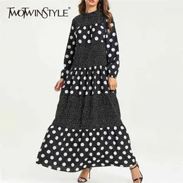 Spring Print Dot Dress For Women O Neck Long Sleeve Elegant Hit Color Midi Dresses Female Fashion Clothing 210520