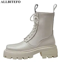 ALLBITEFO Wasserdichte Plateauschuhe aus echtem Leder Damenstiefel Herbstmode High Heel Schuhe Stiefeletten Motorradstiefel 210611