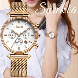 SUNKTA Luxusuhr Frauen Wasserdicht Rose Gold Stahlband Damen Armbanduhren Marke Datum Uhr Relogio Feminino 210517