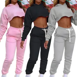 Women's Two Piece Pants Women Plush Tracks Suit Solid Color Sports Casual Hoodie Autumn Hooded Crop Top + Trousers Two-piece Kpop Outfits T6