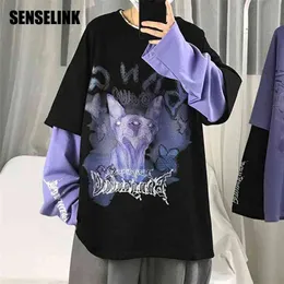 Männer T-shirt Frühling Herbst High Street Fashion Lange-hülse Gefälschte Zweiteilige Koreanische Hip Hop Lose Trendy Kleidung 210706