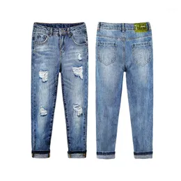 Jeans Kidscool Space Kids Girls Slim Flexible Bomull Denim Byxor Barn Rippade Holes Enkel Mode