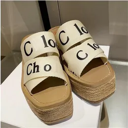 Newest Branded Women Platform Sliddes Designer mule in canvas Leather Flat espadrille Fashion Summer Beach High Heels