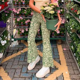 Damska Floral High Paist Flare Spodnie Zielone Dory Casual Kobiety Luźne Spodnie Letnie Kobiet Loose Bell Bottom Streetwear Spodnie 2021 q0801