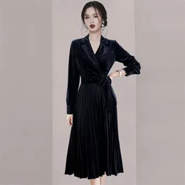 韓国のウエスト長袖エレガントな気質プリーツのスカートスーツの襟描画ダック薄いオフィスパーティー女性のドレス210602