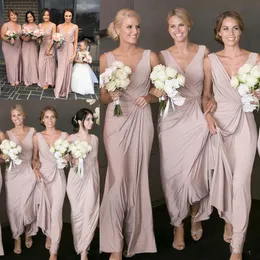 Pink 2021 Dusty Bridesmaid Dresses V Neck Ruched Sheath Floor Length Custom Made Plus Size Maid Of Honor Gown Country Beach Wedding Guest Party Wear Vestidos estidos