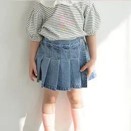 Milancel 2021 Summer Girls Skirt High Waist Denim Mini Skirt Solid Pläterade Kids Shorts 210331