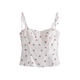 Evfer Vintage French Style Floral Print Cute Ladies Short Sling Tops Sweet Girls Elasic Waist Backless Rose White Camis Chic 210421
