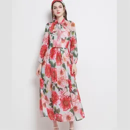 Spring Chiffong Dress Kvinnors Lantern Sleeve Bowtie Collar High Waist Floral Tryckta Böhmen Pläterad Mixi 210519
