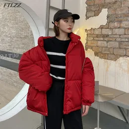 Winter Elegant Women Stand Collar Button Zipper Cotton Outwear Casual Loose Thick Solid Bread Coat 210423
