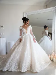 Luksusowe suknie ślubne 2021 suknie ślubne 3D kwiatowy koronkowy koronkowy z koralikami z długim rękawem w stylu wiejskiego desetos de novia275w
