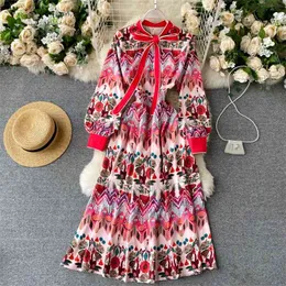 Vår och höst röd vintage blomma fjäril elegant klänning bowknot print retro 210514