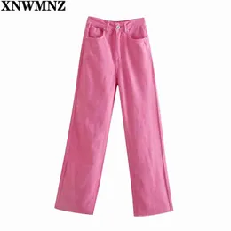 Xnwmnz Wome Moda Geniş Bacak Pembe Kırmızı Kot Kadın Chic Yüksek Belli Pockets Düğme Zip Fly Fly Tam Boy Pantolon Lady Pantolon 211129