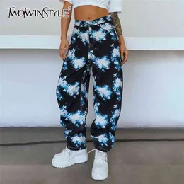 Solto impressão hit cor jeans para mulheres cintura alta retalhos casual reta larga perna denim calças moda feminina 210521