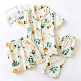 3 pcs encantador impressão de frutas verão fino pijama de pijama de algodão de algodão conjunto de manga curta top + calças + shorts feminino sleepwear 210330