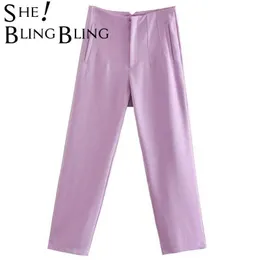 SheBlingBling Women Za Trousers Suits High Waisted Pant Chic Office Lady Beige Zip Elegant Pink Casual Famale Stright Pants 211006