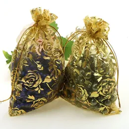 100pc/lot 11X16cm Gold Rose Color Christmas /Wedding Drawable Organza Voile Gift Packaging Bags & Pouches