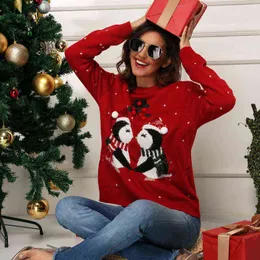 Kvinnors Jul Ugly Sweater Höst Vinter Kvinnans Långärmad O-Neck Casual Sequin Jacquard Penguin Stickad Pullover T Shirts Y1118