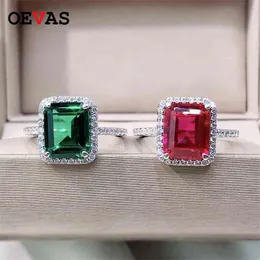 Oevas 100% 925 Sterling Silver 8 * 10mm Emerald Wedding Ringar för Kvinnor Sparkling High Carbon Diamond Party Fine Smycken Partihandel 210924