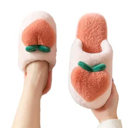 For Home Fruit Peach Slippers Sweet Fulffy Fur Winter Warm Indoor Floor Shoes Non-Slip Comfy Women 210626