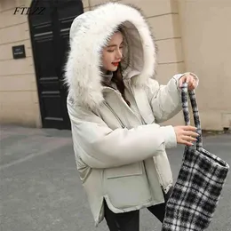 冬の女性の綿のフード付きコート大きな毛皮の襟の緩い雪の厚さ暖かいパーカー女性のカジュアルブラックピンクの上着210430