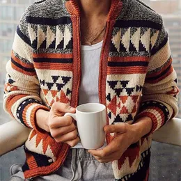 Drop Men's casual jacquard cardigan jacket long sleeve lapel loose knit sweater 211221