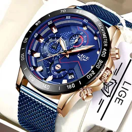 Lige Fashion Mens Klockor Toppmärke Luxury Armbandsur Quartz Clock Blue Watch Men Vattentät Sport Kronografi Relogio Masculino Q0524