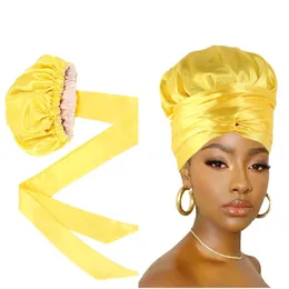 Kobiety Satin Sleeping Cap z długimi wstążką Dwuwarstwowa Warstwa Głowy Czapka Szalik Pokrywa Elastyczna Wycieczka Włosów Beanie Turban Chemo Hat