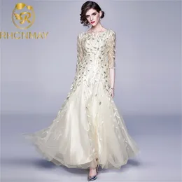 Yüksek Kaliteli Yaz Kadın Parti Uzun Elbise Moda Payetli Örgü Çiçek Nakış Yarım Kollu Maxi Vestidos 210506