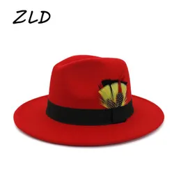 Sombreros Fedora Unisex, sombrero de fieltro Panamá de lana de imitación para amantes del Jazz de invierno, gorras elegantes con forma de pluma para caballero, ala ancha