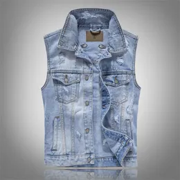 Mäns Ripped Denimvästar med Wings Broderi Hi Street Distressed Denim Ärmlös Jacka Waistcoat Plus Size M-5XL